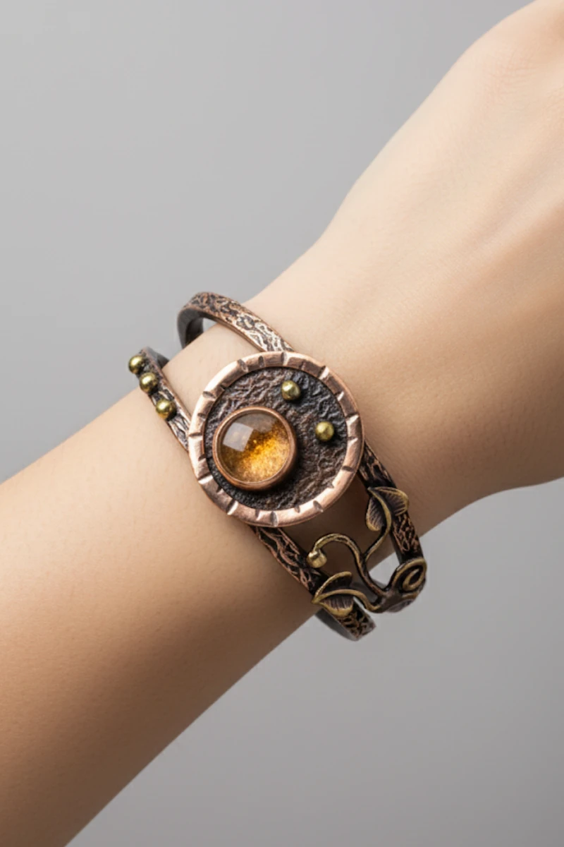  Kadın Bakır Bileklik - Sarı Akik Yaprak Motifli Kadın Bilezik Doğal Taşlar ve Metal Kutulu