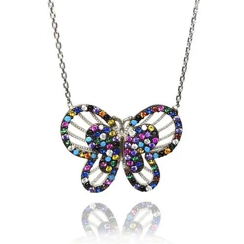 Mix Zircon Stone-set Butterfly Women's Silver Necklace