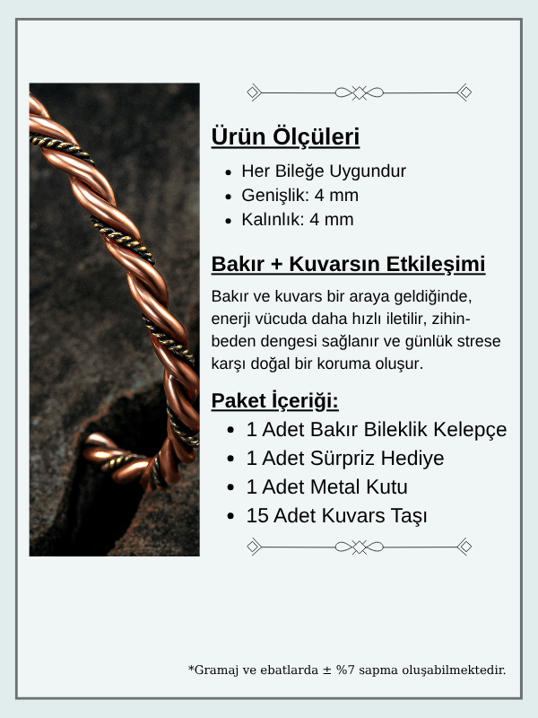 Saf Bakır Bileklik Burgulu Model Metal Kutu Kuvars Taş, Kadın Erkek Kelepçe