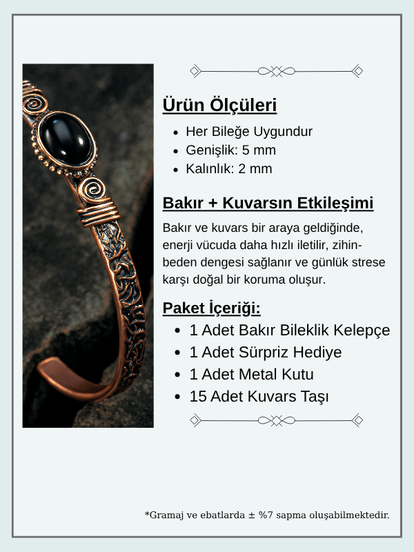 Bakır Kelepçe Bilezik Oniks Doğal Taş Erkek Kadın Kuvars Taşı ve Metal Kutulu