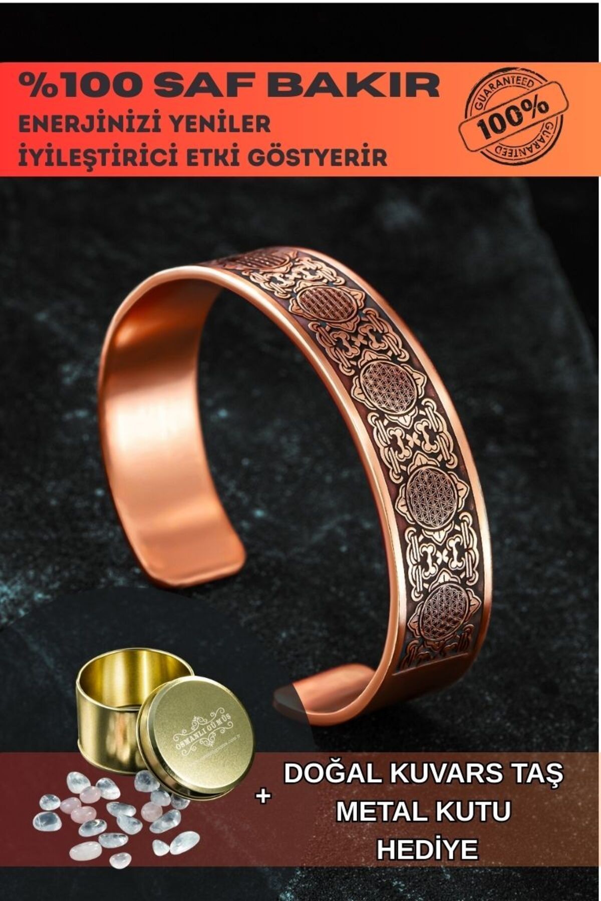 Erkek Bakır Bileklik - Lotus Çiçeği - Yaşam Çiçeği Erkek Kelepçe Bileklik Bilezik