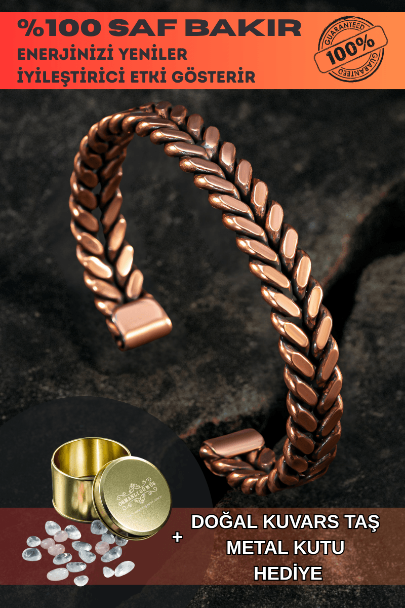Copper Vena Model Bakır Kelepçe Bilezik Erkek Kadın Kuvars Taşı ve Metal Kutulu