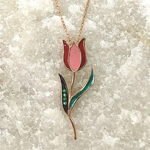 Rose Color Tulip Women's Silver Necklace