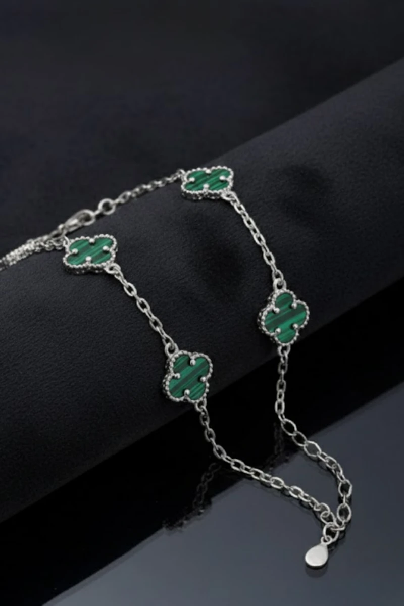 Erkek 925 Ayar Gümüş Yeşil Malahit Taşlı Yonca Model Zincir Bileklik