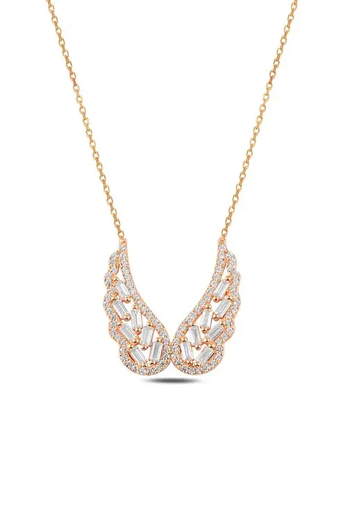 Women's Rose Color Zircon Stone-set Melek Figured Silver Necklace Gklmelekknd-ros