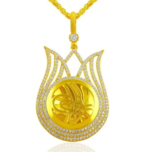 Women's Silver Necklace Large Gold Plated Tulip Motif Tughra Engraved Silver Necklace