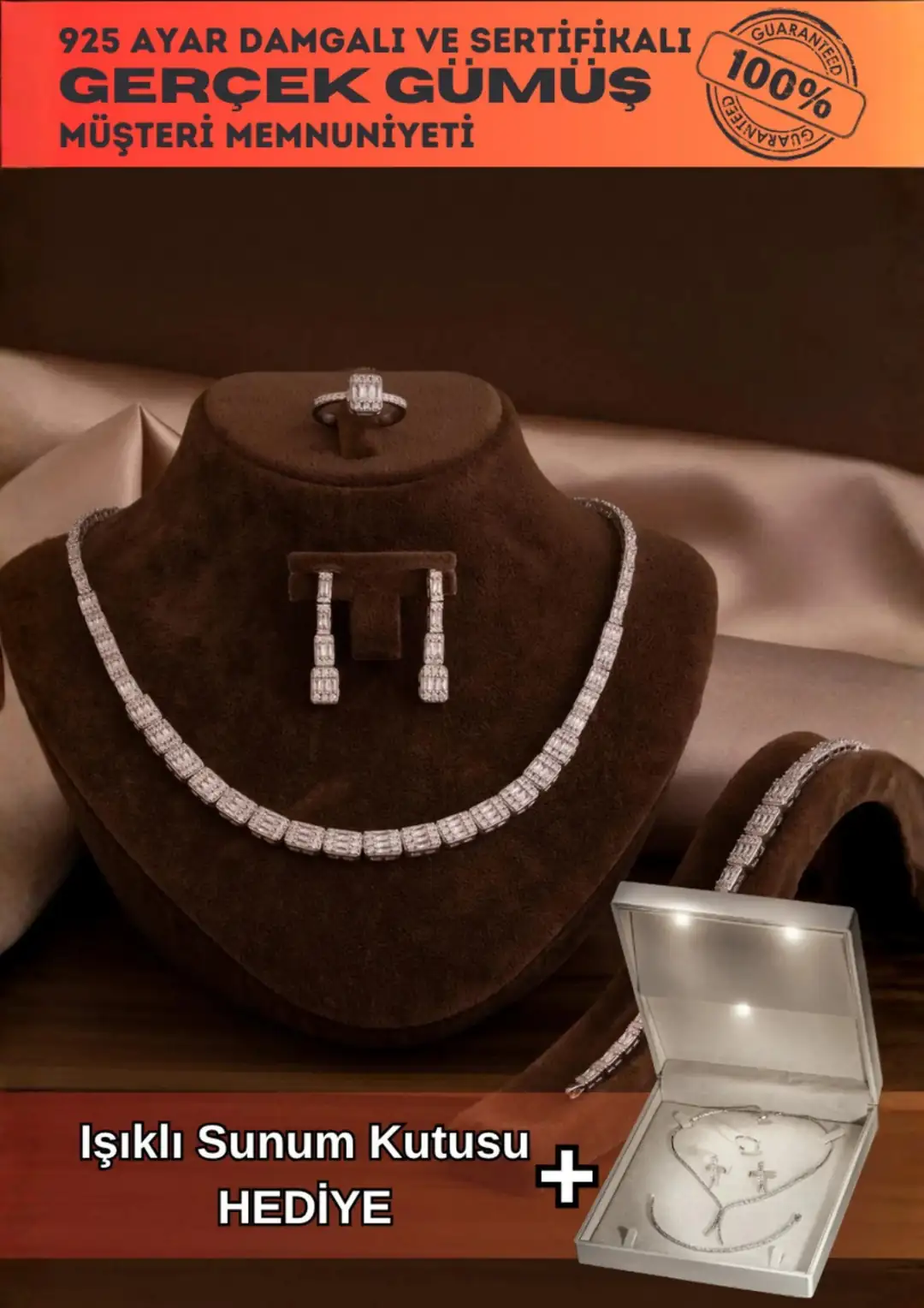 Women's Silver Jewelry Set Mehtap Baguette Stone-set Necklace, Bracelet, Ring, Earrings Tam Set