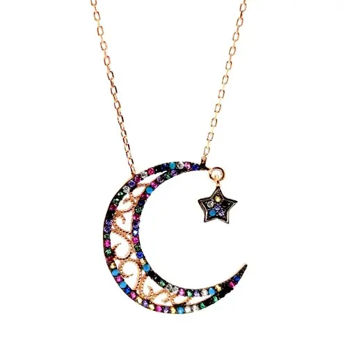 Colored Zircon Stone-set Star and Crescent Women's Silver Necklace Chain
