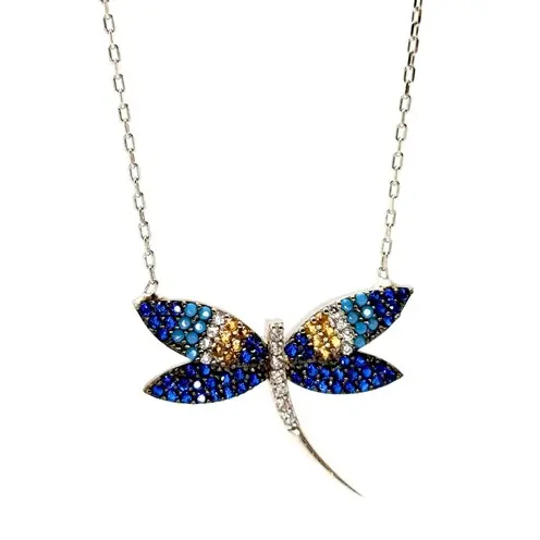 Colored Zircon Stone-set Dragonfly Women's Silver Necklace