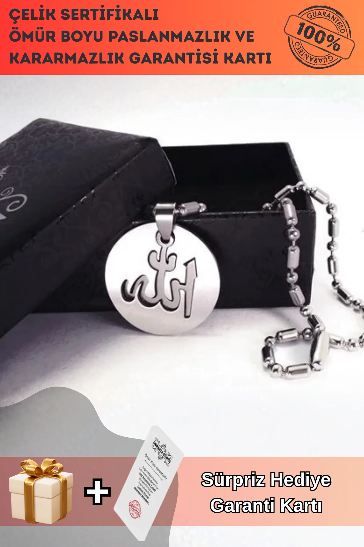 Allah Yazılı Paslanmaz Erkek Çelik Kolye Zincir