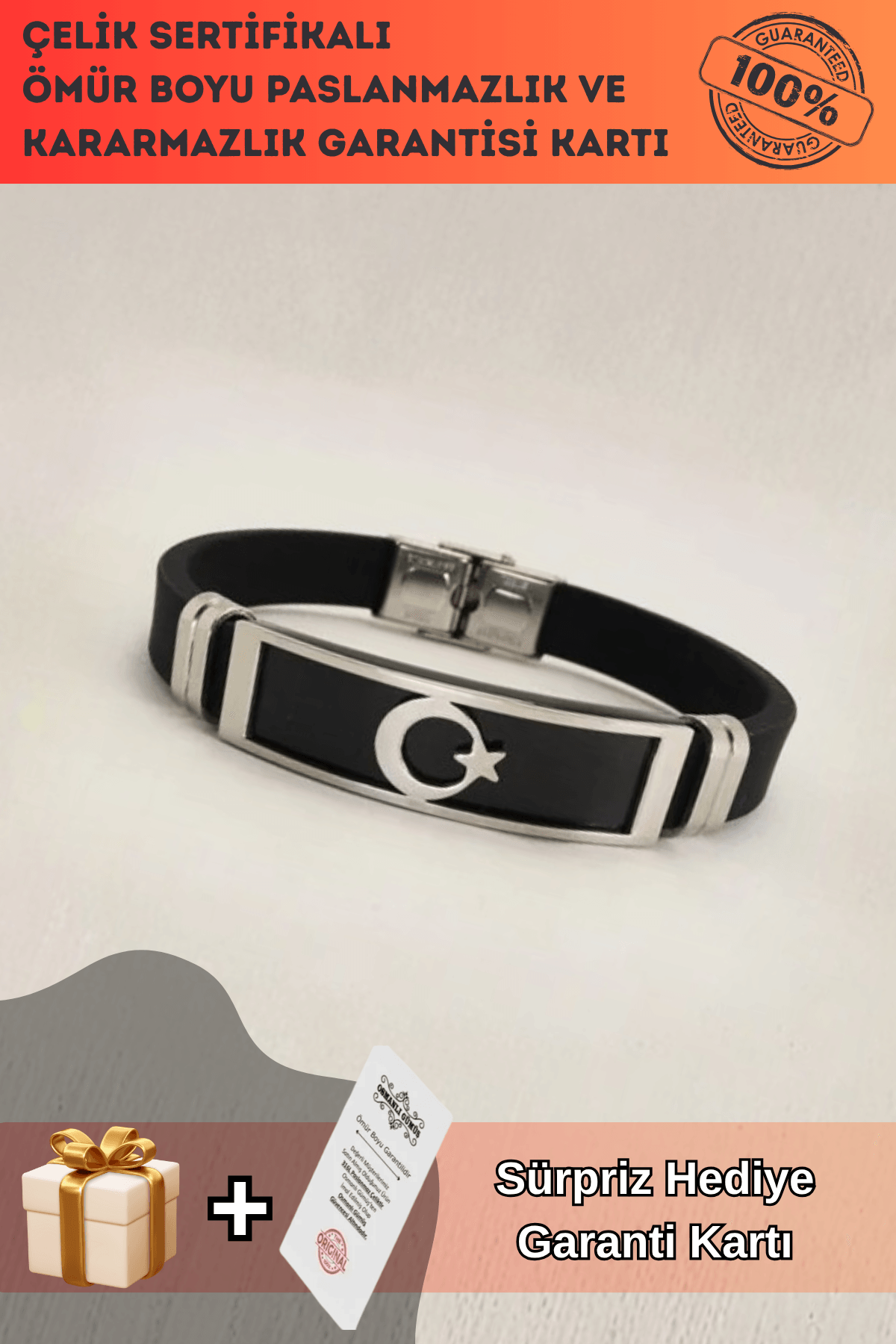 Ay Yıldız Bayraklı Kauçuk Çelik Erkek Bileklik