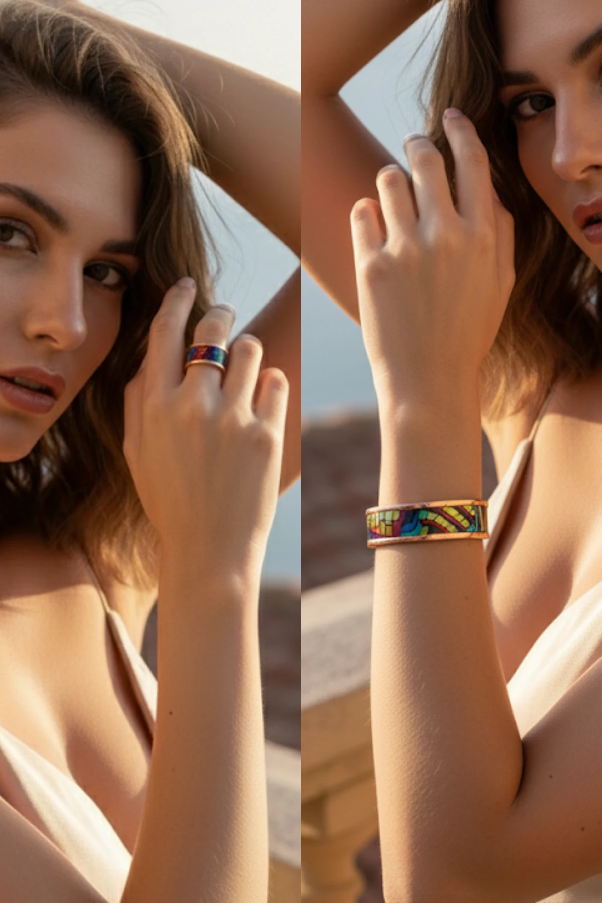 Kadın Bakır Bileklik Yüzük Set - Nadia Model Özel Baskı Metal Kutu Ve Kuvars Taşı