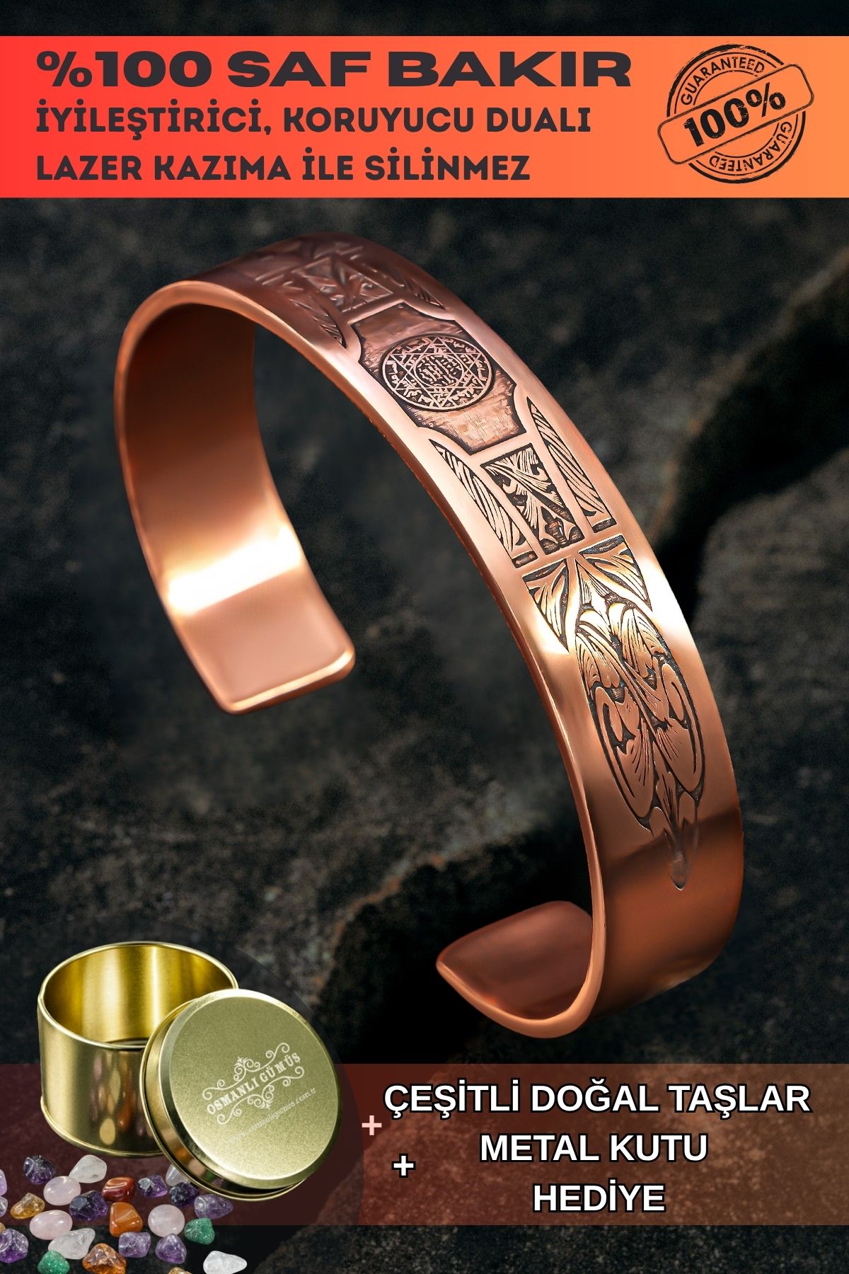 Saf Bakır Bileklik Silinmez Koruma Dualı Hz. Süleyman Metal Kutu Doğal Taşlar Kadın Erkek Kelepçe