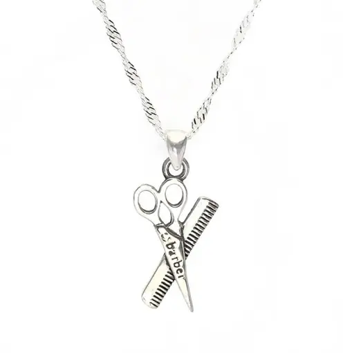 Kuaförlere Special Makas Tarak Figured Women's Silver Necklace