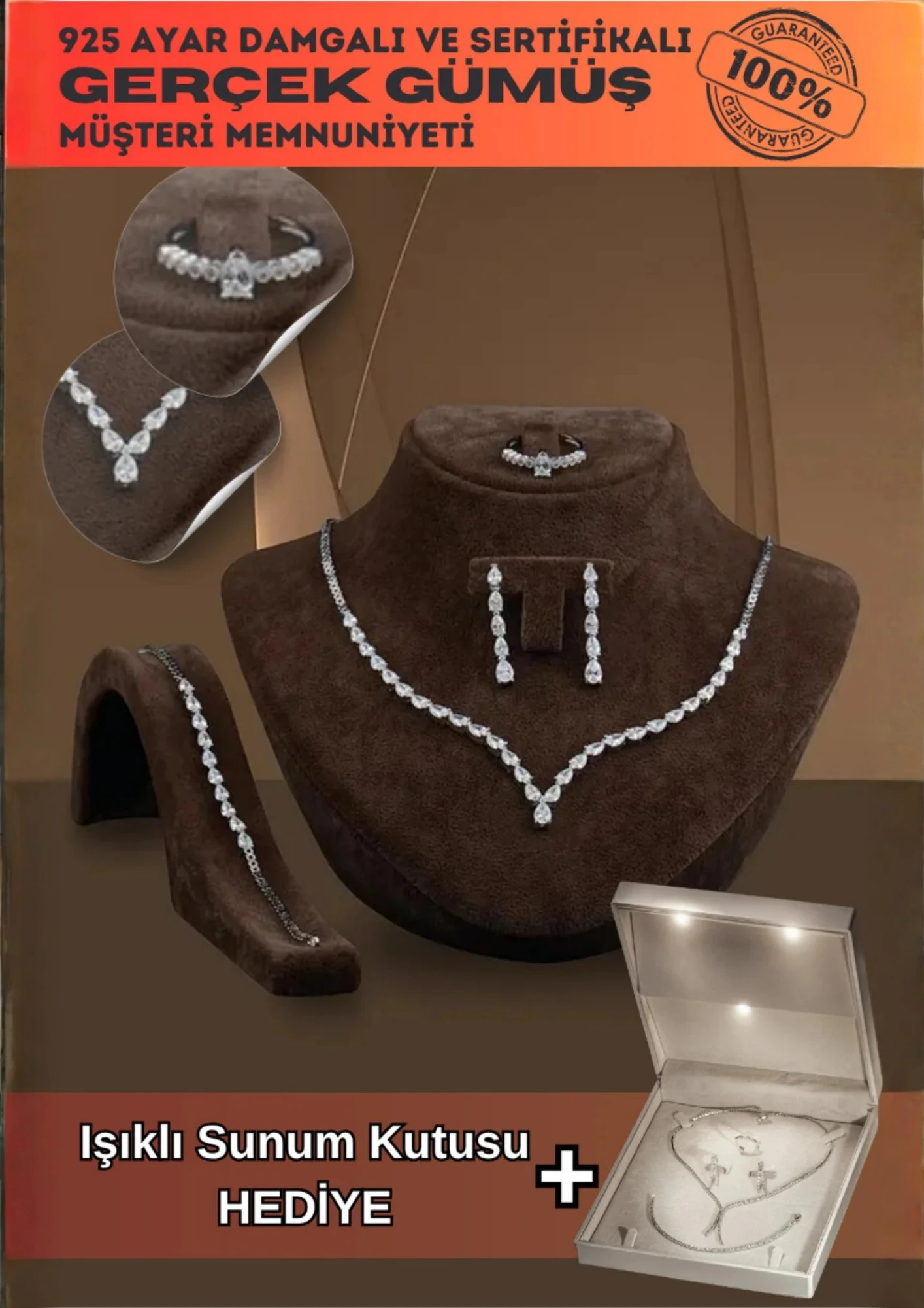 Dolunay Bayan Zirkon Taşlı Gümüş Su Yolu Set - Kolye, Bileklik, Küpe, Yüzük