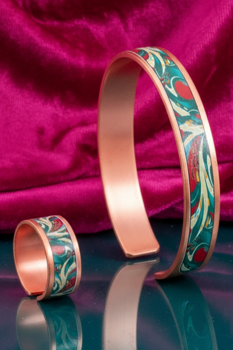 Kadın Bakır Bileklik Yüzük Set - Garden Model Özel Baskı Metal Kutu Ve Kuvars Taşı