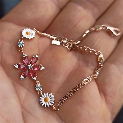Rose Rengi Nergis Çiçeği Zirkon Taşlı Bayan Gümüş Bileklik
