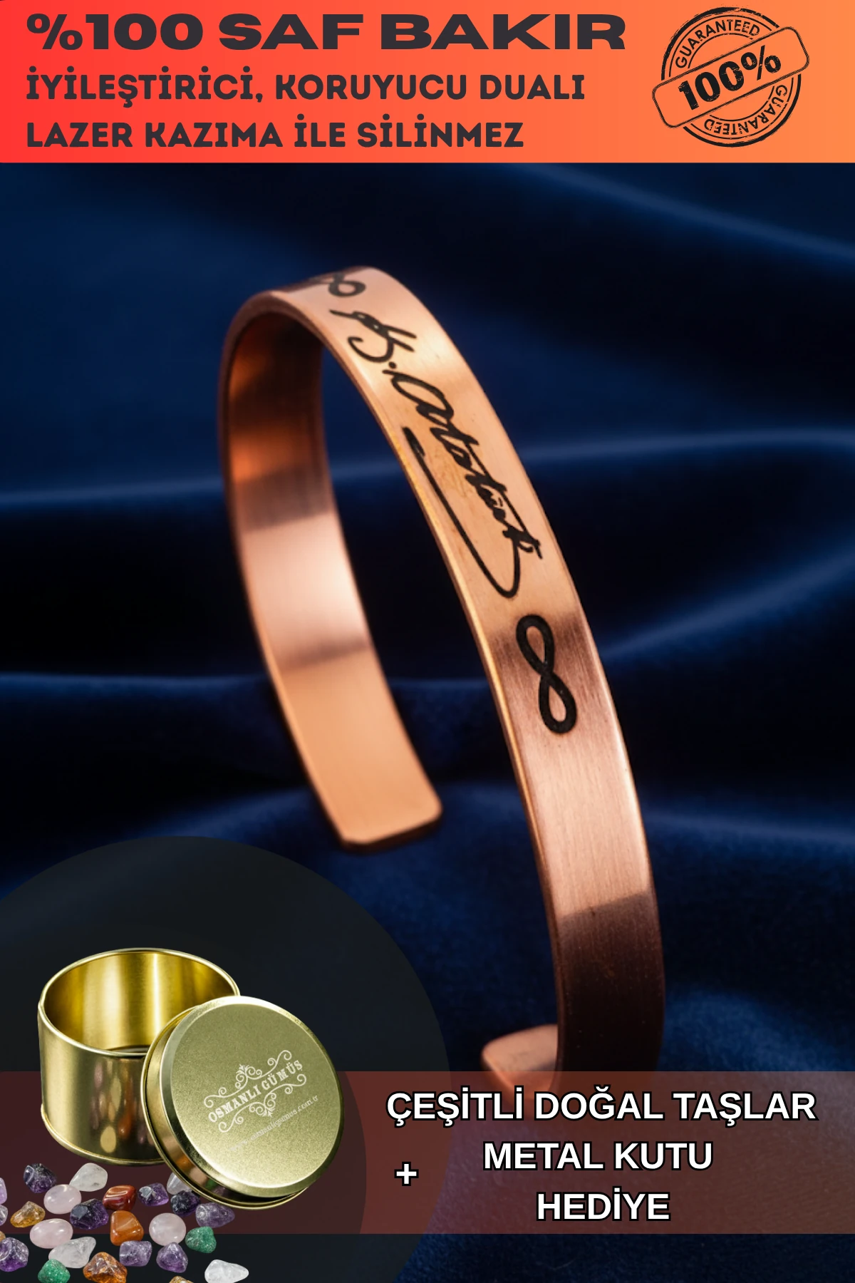 Erkek Kadın Bakır Bileklik - Mustafa Kemal Atatürk İmzalı Bakır Bilezik