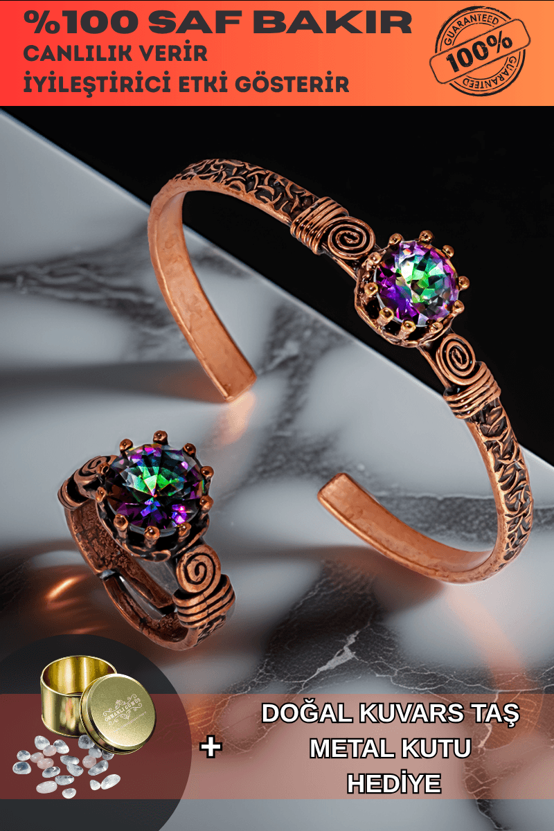 Kadın Bakır Bileklik Yüzük Set - Mistik Topaz Model 2 Ağaç Kabuğu Model İnce Metal Kutu Kuvars Taşlı
