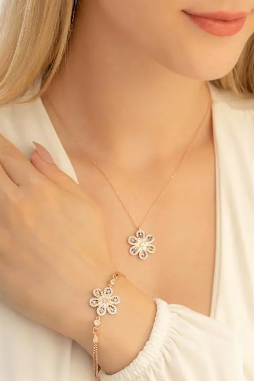 Women's Silver Necklace Bracelet Set Mixed Color Flower Motif Silver Bracelet Necklace Set
