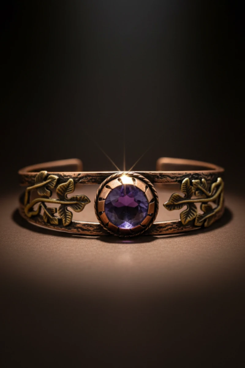 Mor Ametist Taşlı Antik Bakır Kadın Bileklik – Metal Kutu Ve Doğal Taşlar