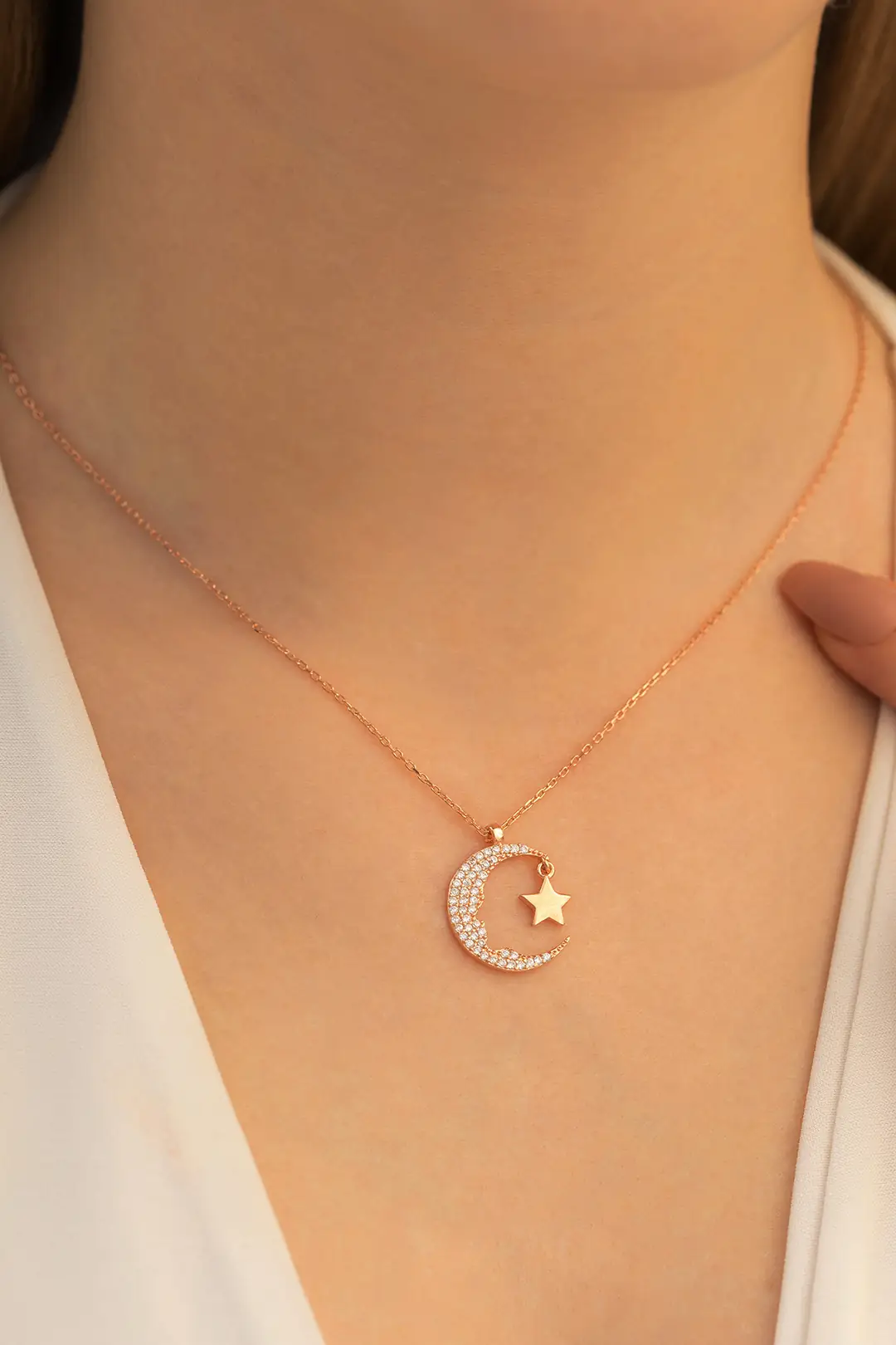 Women's Silver Necklace Women's Rose Color Kemal Atatürk Silüet Star and Crescent Silver Necklace