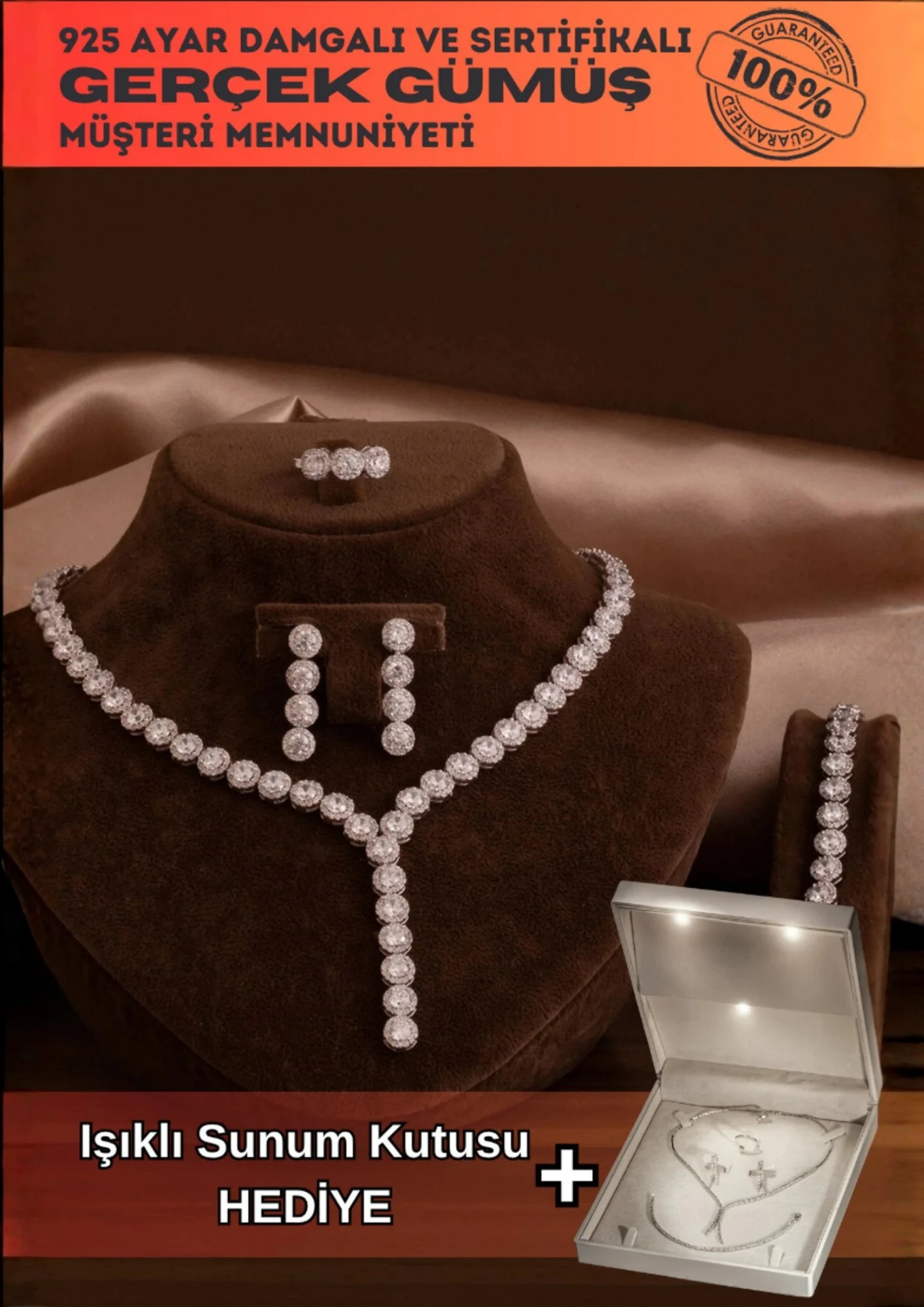 Kadın Gümüş Takı Seti - Şahmeran Yuvarlak Model Zirkon Taşlı Kolye, Bileklik, Yüzük, Küpe Tam Set