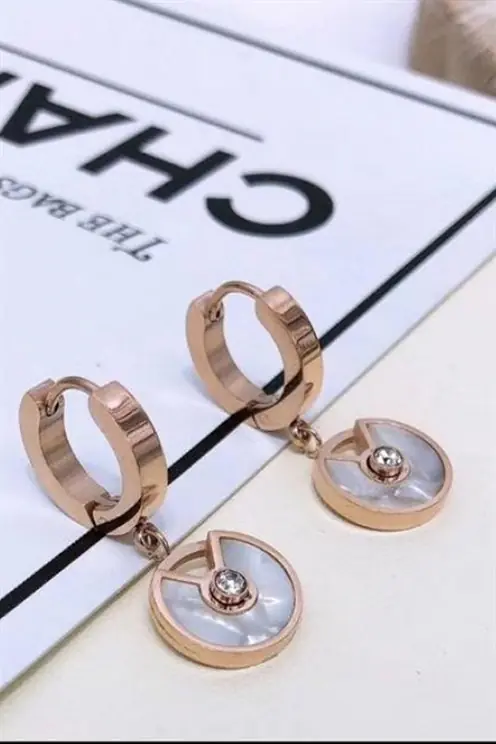Mother-of-pearl Rose Color Kararmayan Women's Steel Hoop Earrings