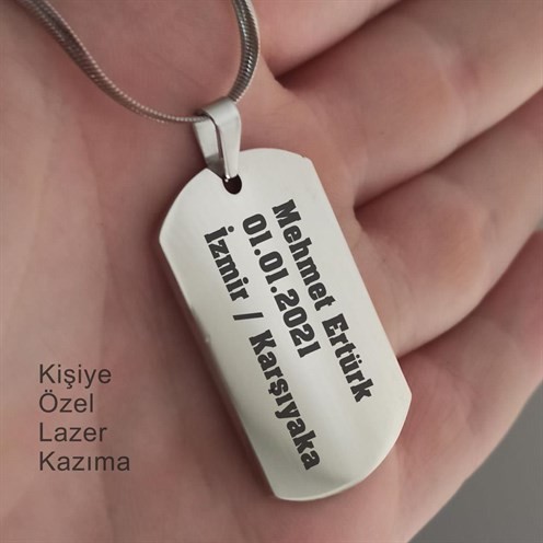 Parlak Paslanmaz Çelik Dogtag İsim Yazılan Asker Künyesi Kolye 5mm