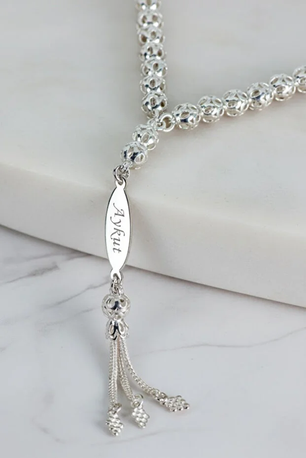 Erkek Gümüş Tespih - Çift Yön İsim Yazılabilir 925 Ayar Delikli Parlak Küre Kesim Tesbih Bilek Boy