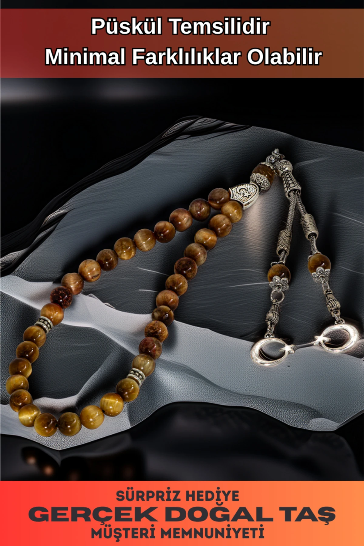 Erkek Doğal Taş Tespih - Doğal Kedigözü Taşlı Ortaboy Tesbih