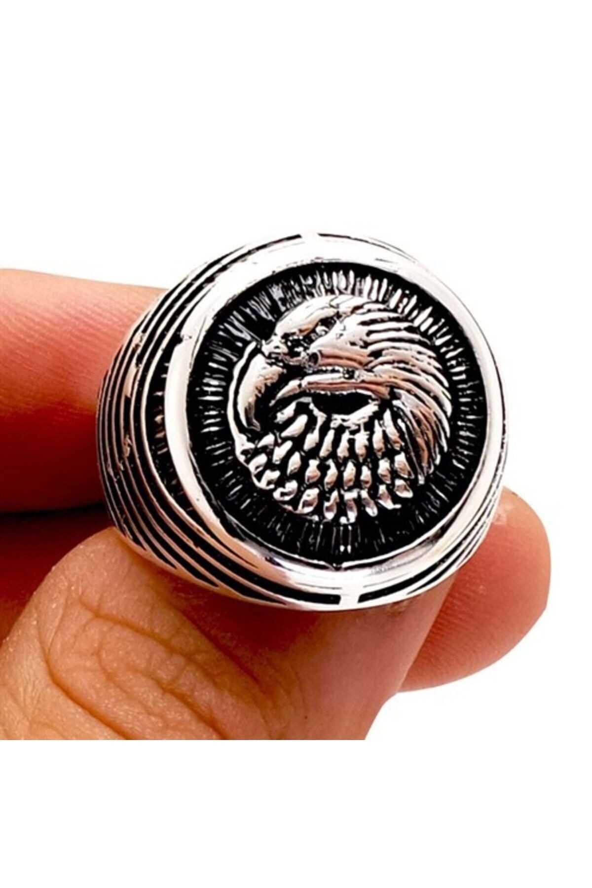 Erkek Gümüş Yüzük - Kartal Figürlü Oval Tasarım Gümüş Erkek Yüzük
