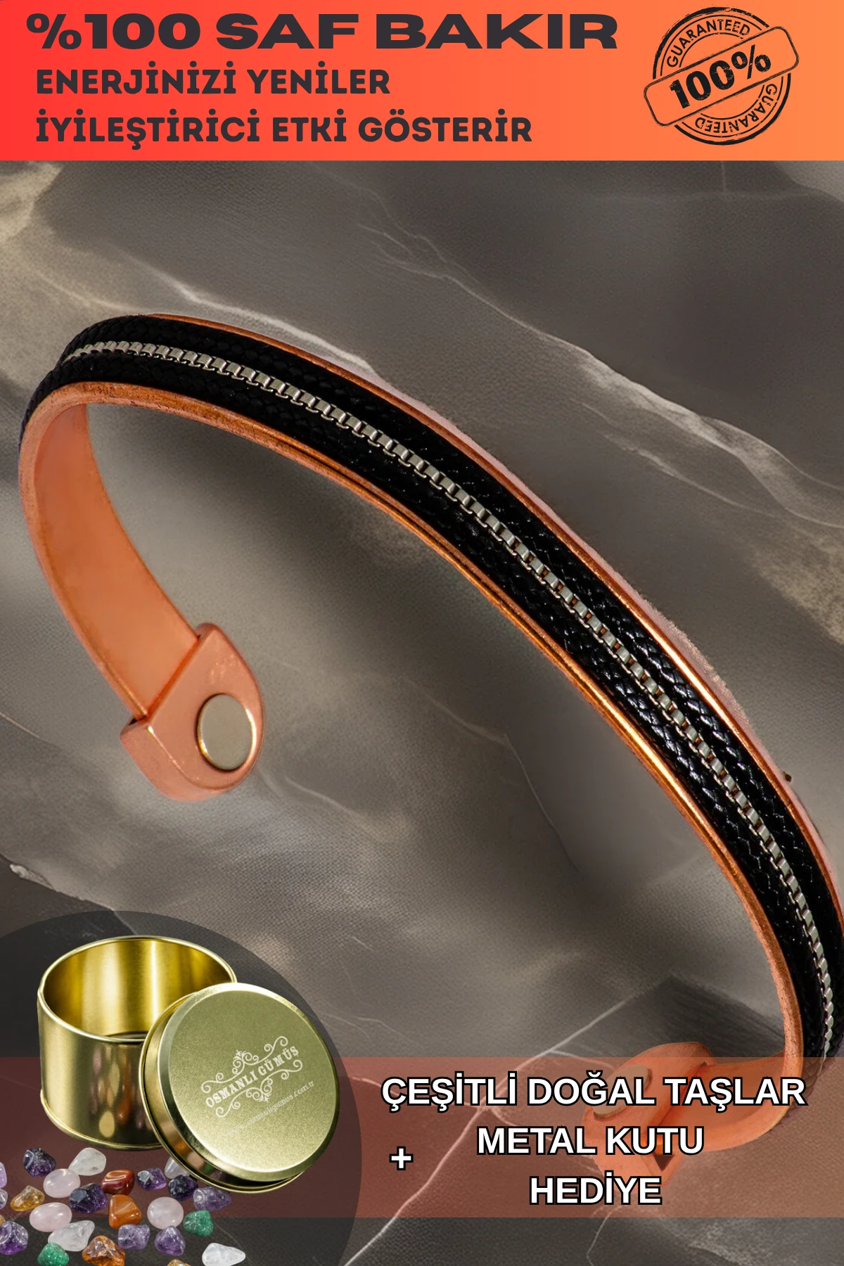 Kadın Bakır Bileklik - Ortası Küp Şeritli Siyah Derili Bakır Bilezik Metal Kutuda