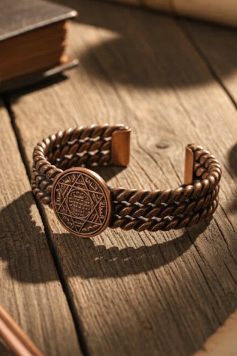 Kadın Bakır Bileklik - Süleyman Mührü 3 Sıra Bakır Bilezik Metal Kutu Ve Doğal Taşlar