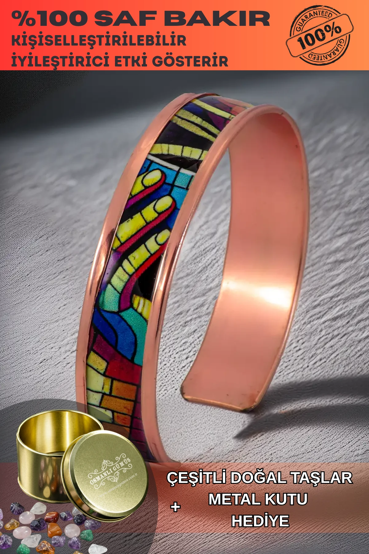 Kadın Bakır Bileklik - Nadia Model Özel Baskı Metal Kutu Ve Doğal Taşlar