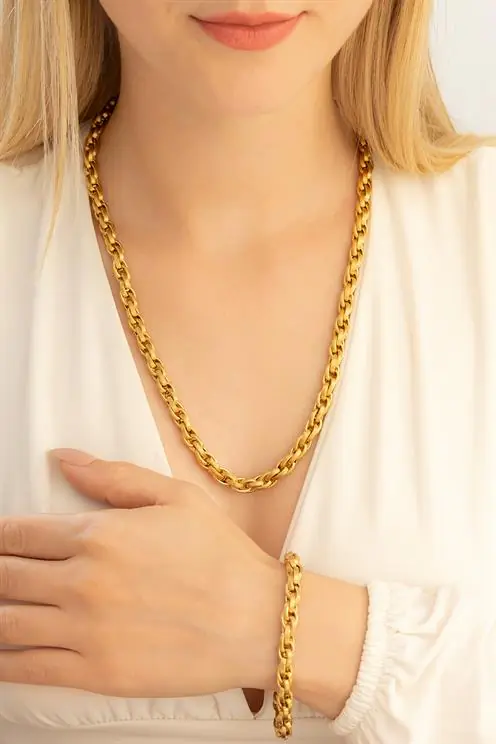 Women's Steel Necklace Bracelet Set Gold Plated Sarmal Steel Bracelet Necklace Set