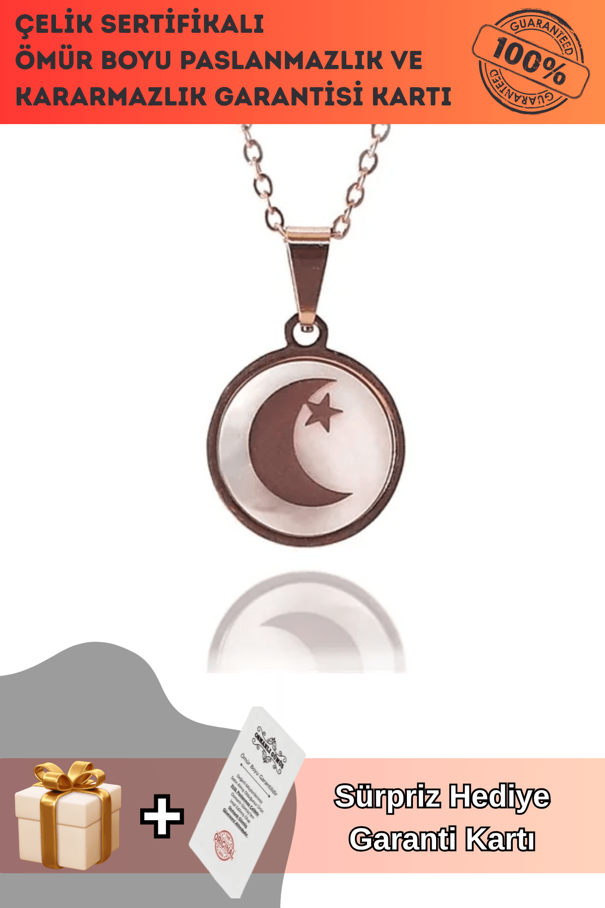 Ay Yıldız Paslanmaz Çelik Rose Renk Bayan Kolye