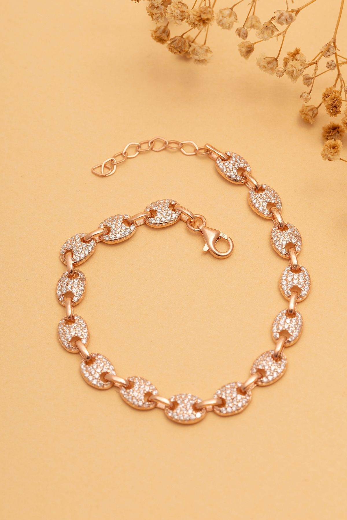 Kadın Gümüş Bileklik - Full Rose Altın Kaplama Zirkon Taşlı Gemici Model Gümüş Bileklik