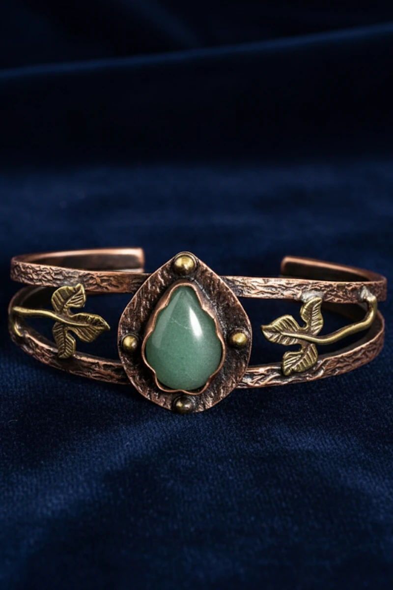 Kadın Bakır Bileklik - Yeşil Aventurin Taşlı Damla Model Kadın Bilezik Metal Kutu ve Doğal Taşlar