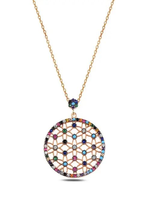 Women's Silver Necklace Navy Black Zircon Stone-set Rose Yaşam Flower Silver Necklace