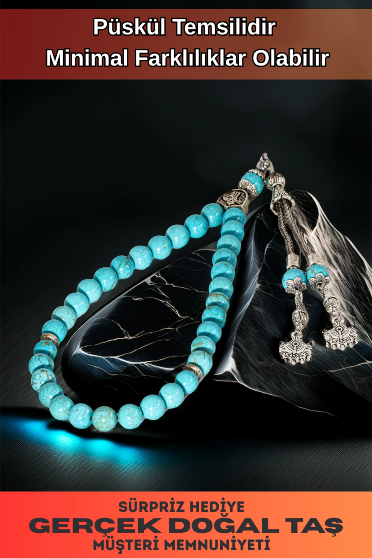 Erkek Doğal Taş Tespih - Doğal Turkuaz Taşlı Ortaboy Tesbih