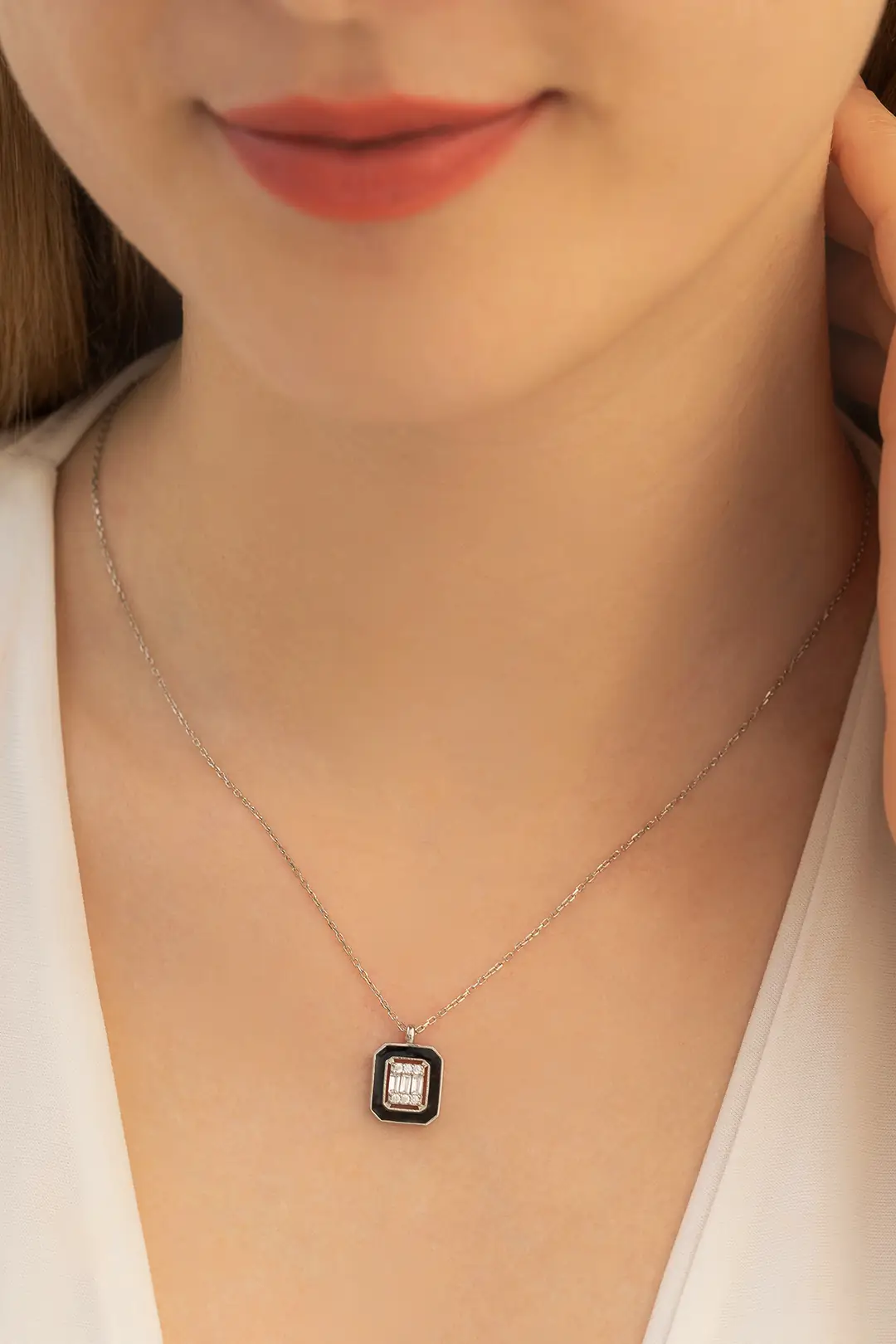 Women's Silver Necklace Square Baguette Stone-set 2 Women's Silver Necklace Chain Gklkrbgtm2d-ros