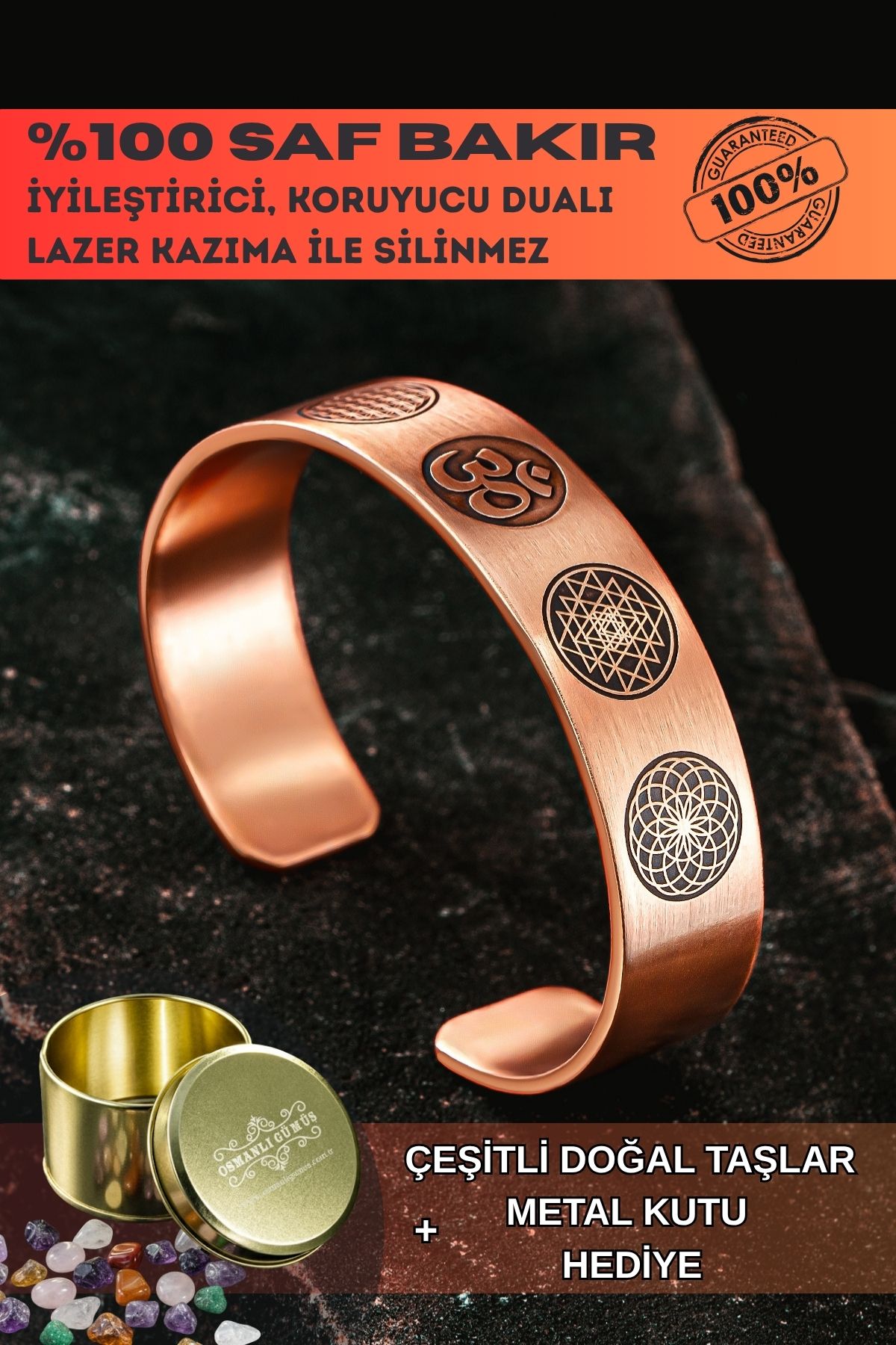 Erkek Bakır Bileklik - Yaşam Çiçeği - Lotus - Sri Yantra - Om Sembolü - Erkek Bakır Kelepçe Bileklik