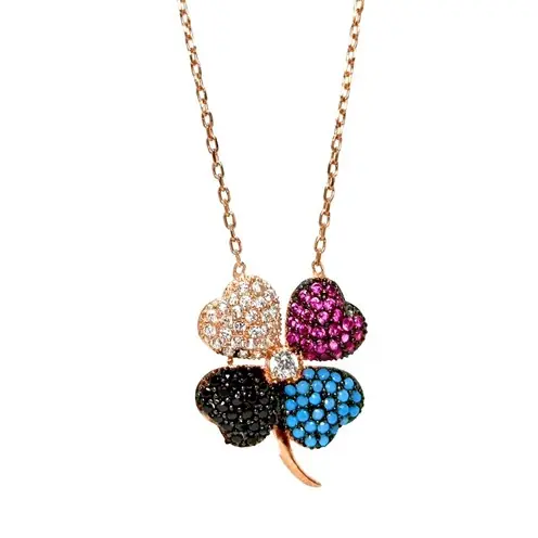 Rose Color Clover Women's Silver Necklace