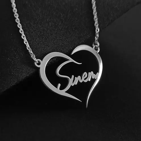 Personalized Heart İçinde İmza Name Yazılan Women's Silver Necklace Chain GKLGMSISIMY