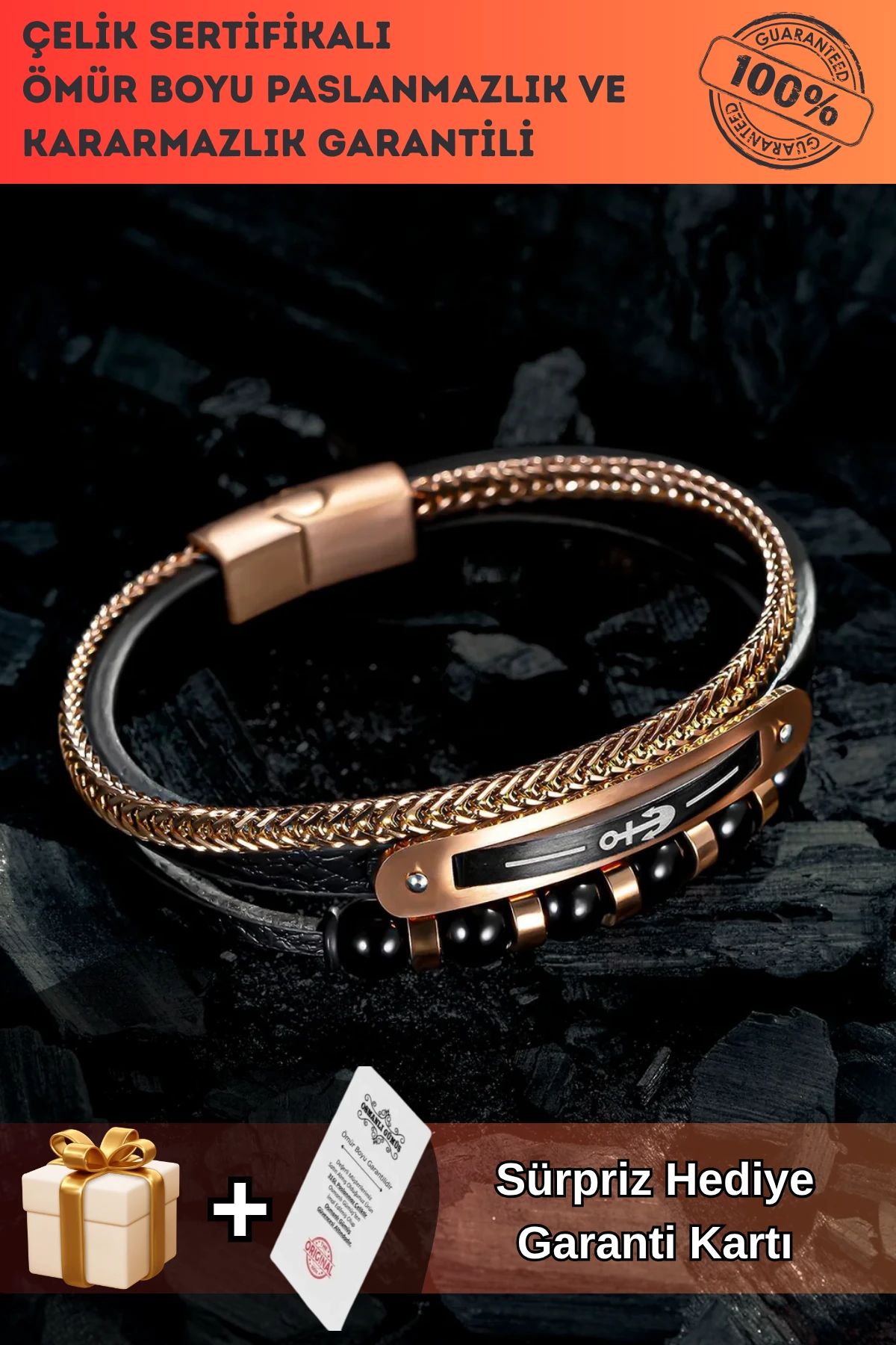 Doğal Oniks Taşlı Deri Çelik 3 Lü Erkek Bileklik Çapa Motifli