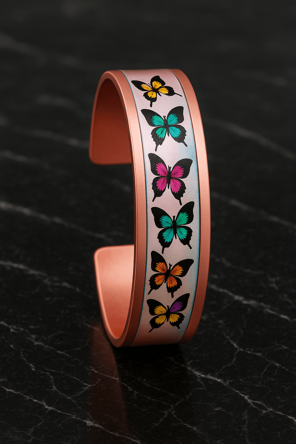 Kadın Bakır Bileklik - Butterfly Model Özel Baskı Metal Kutu Ve Kuvars Taşı