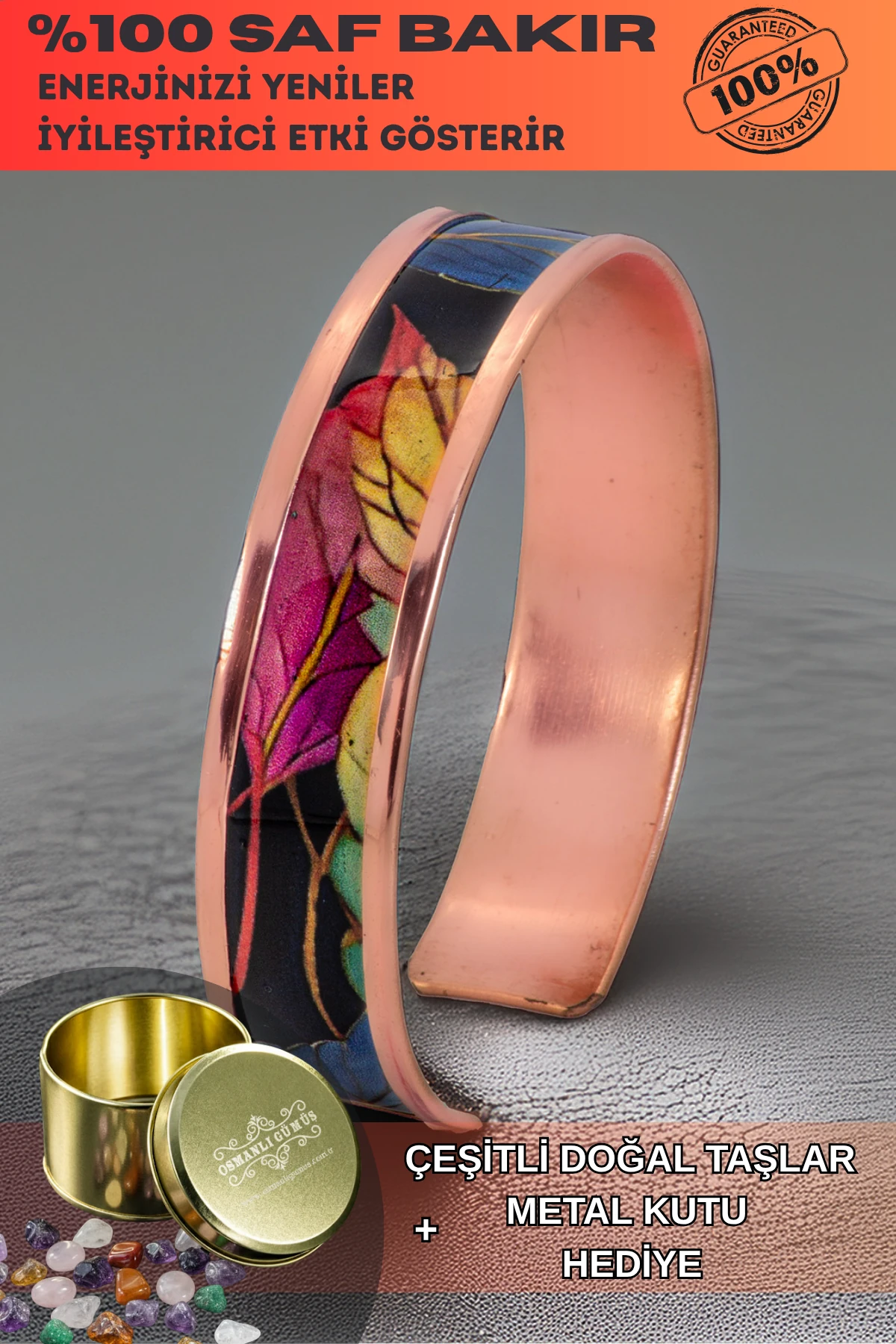 Kadın Bakır Bileklik - Elisa Model Özel Baskı Metal Kutu Ve Doğal Taşlar