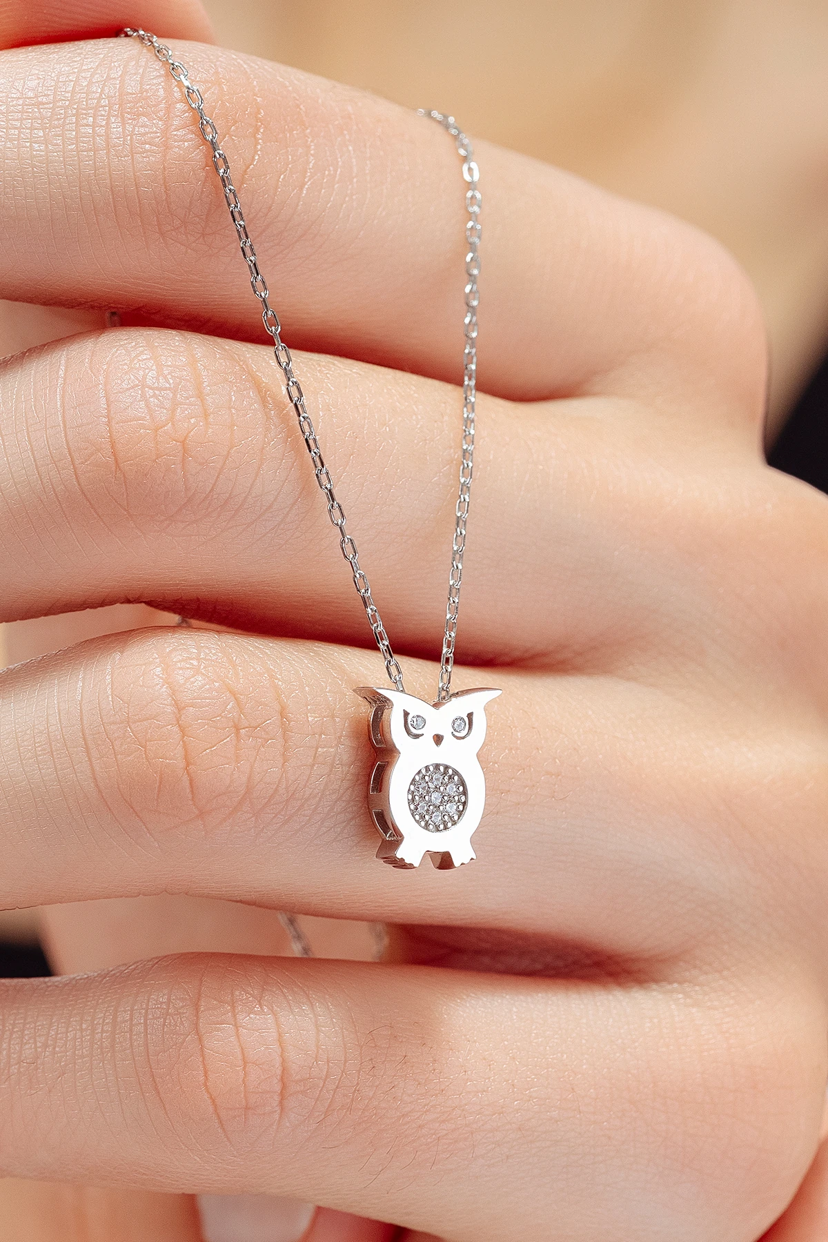 Kadın Gümüş Kolye - Swarovski Taşlı Zirconia Baykuş Motifli Kadın Kolye