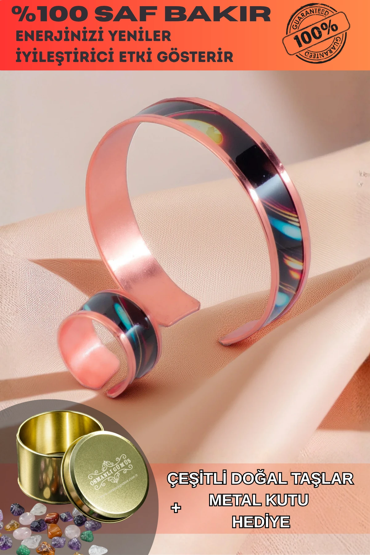 Kadın Bakır Bileklik Yüzük Set - Andrelina Model Özel Baskı Metal Kutu Ve Doğal Taşlar